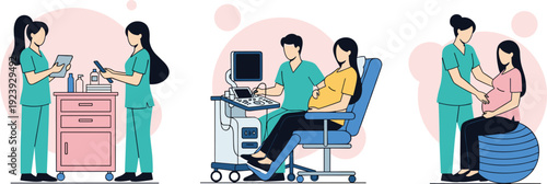 Prenatal care and pregnancy health vector illustration set with medical checkup ultrasound screening and maternity exercise on fitness ball for expectant mothers concept