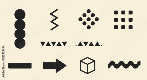 A collection of geometric abstract shapes and symbols in a minimalist black vector style, suitable for graphic design projects