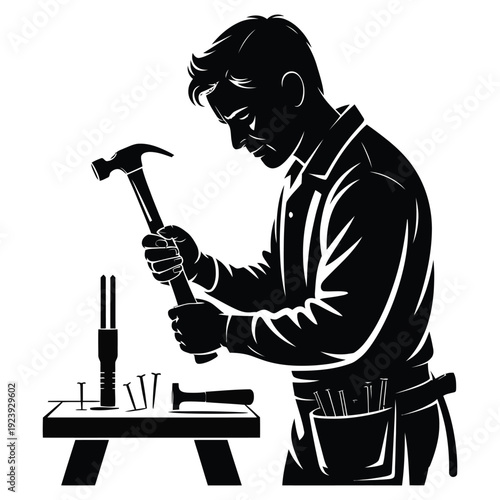 Silhouette of a male carpenter holding a hammer and working with tools and nails on a wooden bench, black and white vector