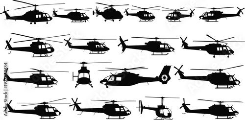 Helicopter silhouette collection with military and rescue choppers, aviation aircraft icons isolated on white background, black vector illustration set for design
