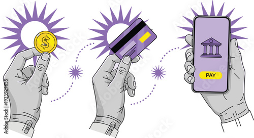 Evolution of digital payment methods vector illustration with hands holding gold coin credit card and smartphone for mobile banking and fintech concept