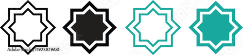 Islamic ornament vector icons set with eight pointed star Rub El Hizb geometric patterns in black and teal green outline and solid fill styles for Ramadan Kareem, Eid Mubarak and Arabian design.