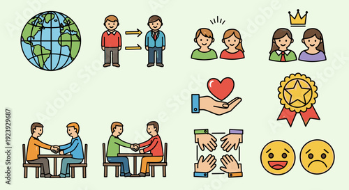 A collection of teamwork and communication illustrations featuring people interacting, global themes, and emotions in flat vector style, ideal for social projects and educational materials