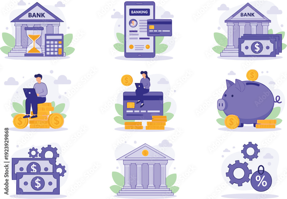 Obraz premium Online banking and personal finance icon set with piggy bank credit card currency and business people for investment and savings flat illustration