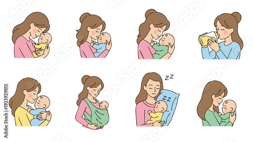 Mother and baby bonding moments, from feeding to sleeping and carrying