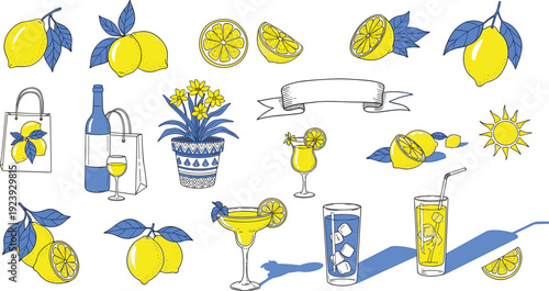 Fresh lemon citrus fruit vector set with yellow lemonade cocktails wine bottle and shopping bag illustrations for summer beverage menu and kitchen decor