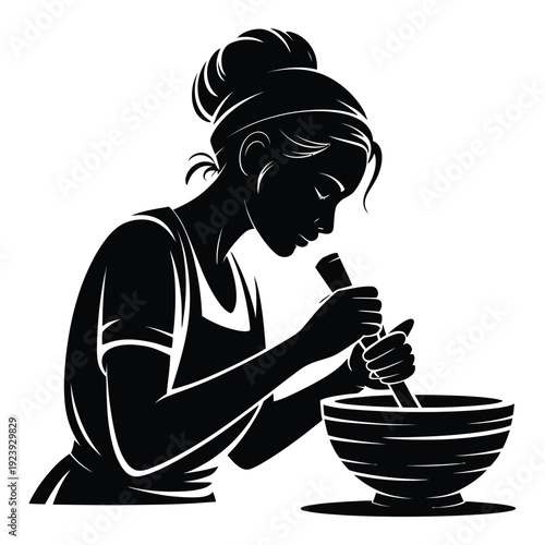 Woman using mortar and pestle to grind ingredients in kitchen bowl silhouette vector illustration showing profile of person cooking at work table