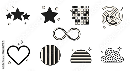A collection of geometric icons including stars, hearts, and clouds in minimalist black and white vector style, ideal for modern graphic design