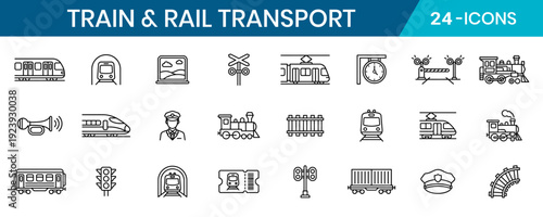 Train Rail Transport Thin Line Icon Set