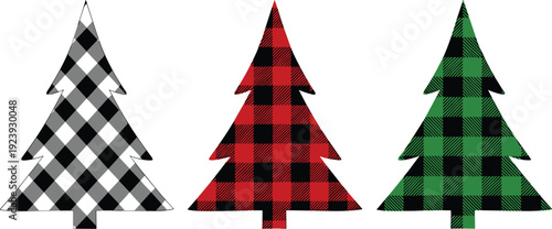 Set of Christmas tree vectors with buffalo plaid and red green black gingham patterns for rustic holiday greeting card and festive winter decoration