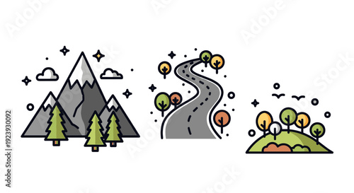 A collection of mountains, trees, and a winding road in colorful geometric vector style, ideal for outdoor adventure themes