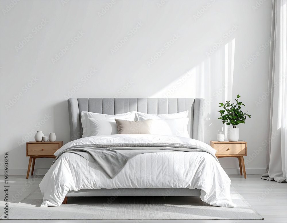 Fototapeta premium Modern bedroom with white bedding interior.