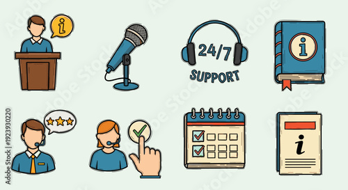 A collection of customer support icons including a microphone, calendar, and 24/7 assistance in flat modern vector style, ideal for service-related applications
