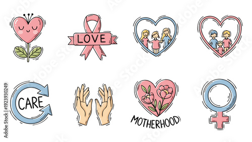 Collection of cute hand-drawn icons representing love, family, care, and motherhood