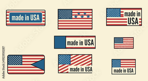 A collection of Made in USA labels featuring various flag designs in a flat vector style, perfect for patriotic branding and marketing
