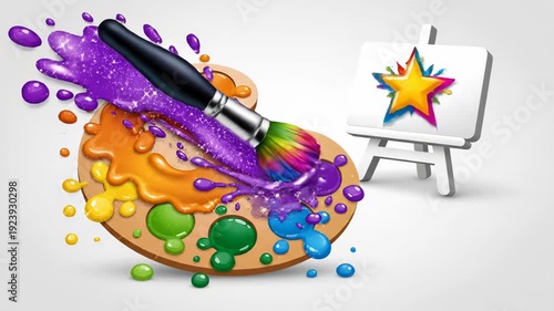 Art Palette with Paintbrush and Colorful Canvas Animation
