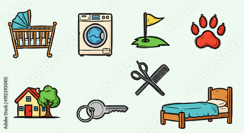A collection of colorful icons including a crib, washing machine, golf flag, pet paw, tree, key, scissors, and bed in playful vector style, ideal for home and lifestyle projects