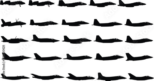 Military fighter jet silhouette collection featuring modern combat aircraft side views isolated in black vector set for aviation and defense design