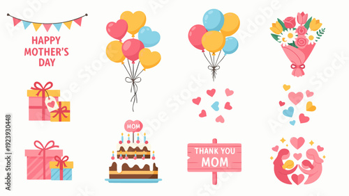 Happy Mother's Day celebration elements with gifts, balloons, cake, and flowers