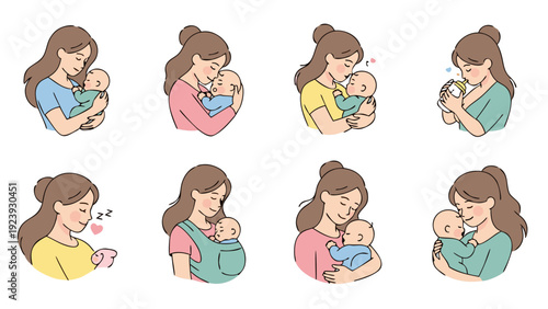 Collection of cute illustrations depicting mothers holding and caring for their babies with love