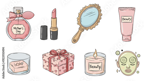 Mother's Day beauty gift set with perfume, lipstick, and spa items