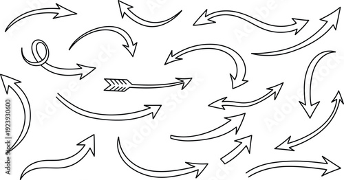Hand drawn arrow vector set with black outline curved and swirly pointers for infographic design business presentation and creative flowchart elements