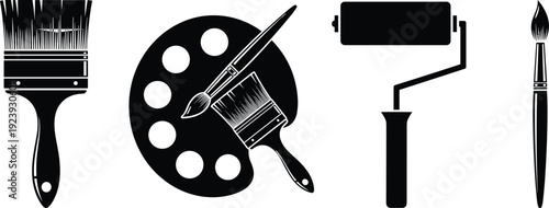 Painting tools icon set with paintbrush, roller and palette, home renovation and art supplies silhouettes isolated on white background vector