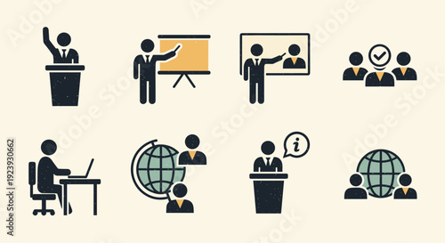 A set of business and teamwork icons featuring presentations, meetings, and global communication in flat minimalist vector style, ideal for corporate branding and educational materials