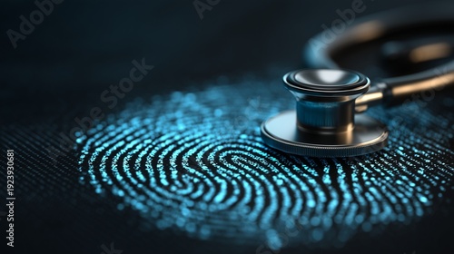 Stethoscope on glowing fingerprint representing digital health and identity internet safety, combining medical device, biometric, and cybersecurity concept.