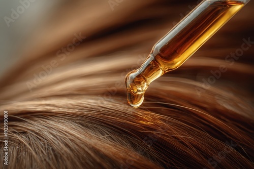 Woman applying oil drop to long shiny hair with serum dropper pipette. Hair background. Close up person takes care moisturizes head skin. Beauty caring for scalp. Alopecia problem, growth, nourishment