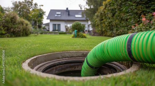 Green suction hose inserted into uncovered manhole on residential lawn, indicating sewer maintenance pump operation and wastewater removal.