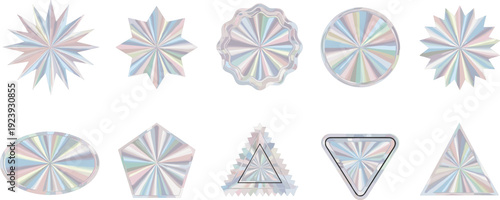 Holographic sticker badge collection with iridescent foil metallic texture and geometric star shapes for Y2K aesthetic trendy fashion brand label design elements