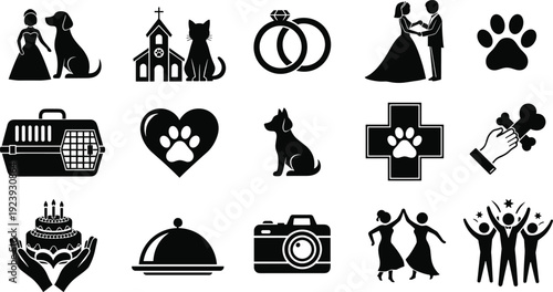 Pet care and wedding celebration icon set with animals, rings, church, party symbols and service elements, black silhouettes isolated on white background vector