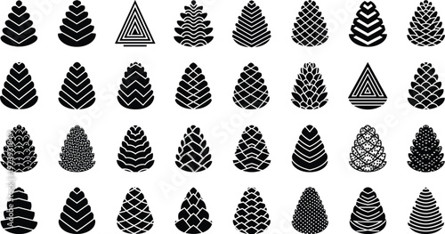 Pine cone silhouette collection featuring decorative conifer seeds and forest botanical shapes isolated in black vector set for nature and woodland design