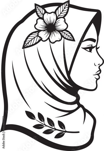 Black and white line of a woman wearing a hijab adorned with a flower and leaves female profile face