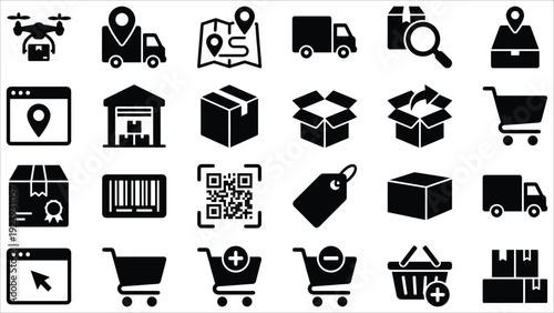 Set of 25 Black Delivery and Shipping Icons Vector
