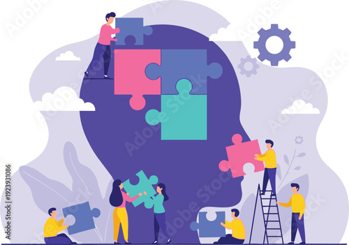 Business team working together to assemble puzzle pieces inside human head silhouette for mental health awareness cognitive psychology and creative problem solving concept.