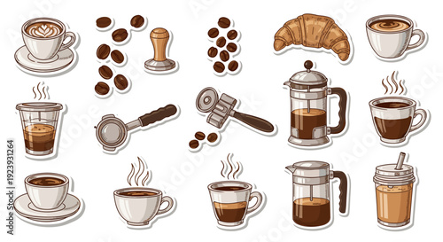 Collection of Coffee-Related Elements: Drinks Tools Beans and Pastry Stickers