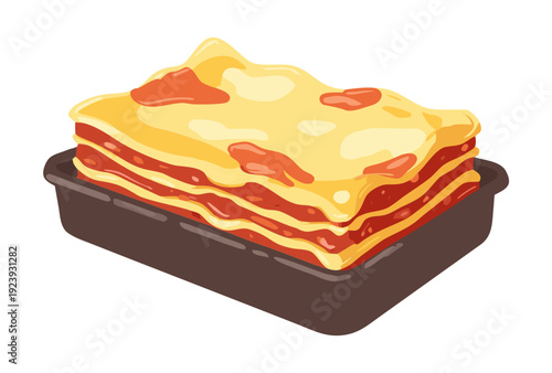 Cartoon illustration of layered lasagna in baking tray