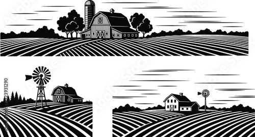 Rural farm landscape illustration with barn, silo and windmill, agricultural fields and countryside scenery silhouettes isolated on white background vector set