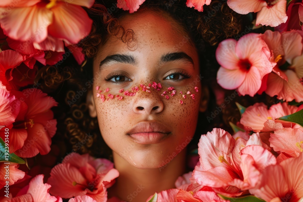 custom made wallpaper toronto digitalBeauty portrait of a young woman with freckles lying down surrounded by pink flowers with small pink petals on her face