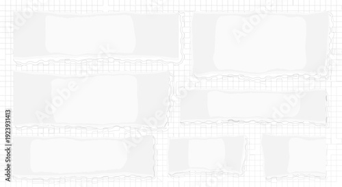 Collection of white torn paper scraps and ripped notebook page pieces on a grey grid background for notes and creative craft design projects vector.