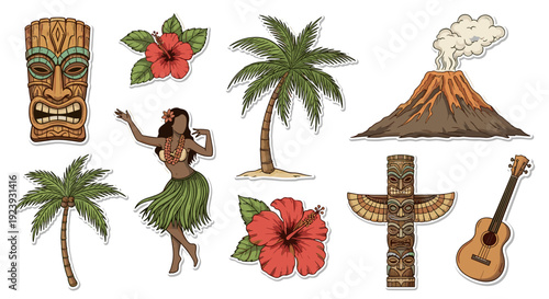 Hawaiian Island Travel Destination Icons: Tiki Mask Hula Dancer Volcano Palms Guitar