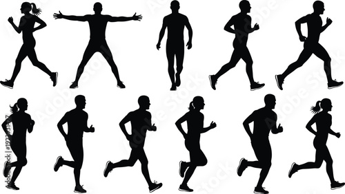 Running people silhouette set with men and women jogging poses, fitness activity figures isolated on white background, black vector illustration collection