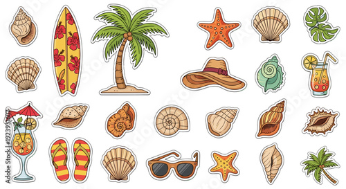 Vibrant Summer Beach Vacation Sticker Collection: Tropical Icons and Seashells