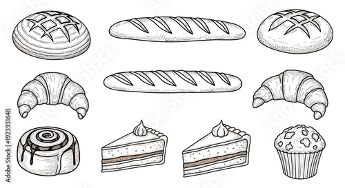 Assorted Hand-Drawn Bakery Items and Desserts Illustration