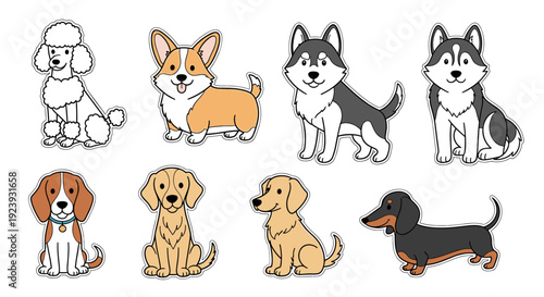 Set of Various Cartoon Dogs in a Lineup Happy Canine Companions Collection