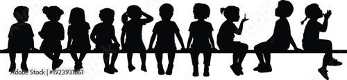 Silhouette of diverse group of children sitting together on beam, playful interaction, joyful communication, friendship and unity concept for lifestyle, community, education, and childhood themes