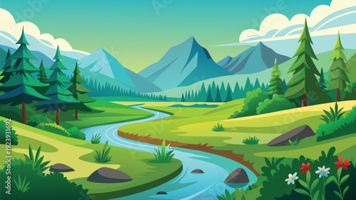 Serene mountain valley with crystal-clear river and lush greenery under a bright sky