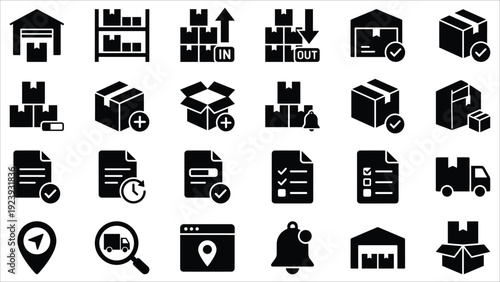 Set of 25 Black Delivery and Logistics Icons Vector